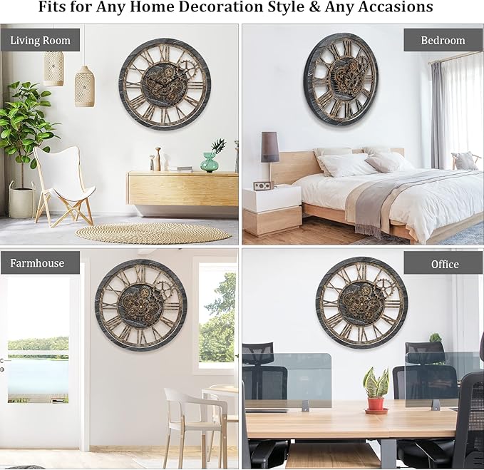Large Wall Clock, Wall Clocks for Living Room Decor 20 Inch Farmhouse Vintage Rustic Kitchen Wall Decor Vintage Roman Oversized Wall Clock for Home Bedroom House Office, Moving Gears Clock