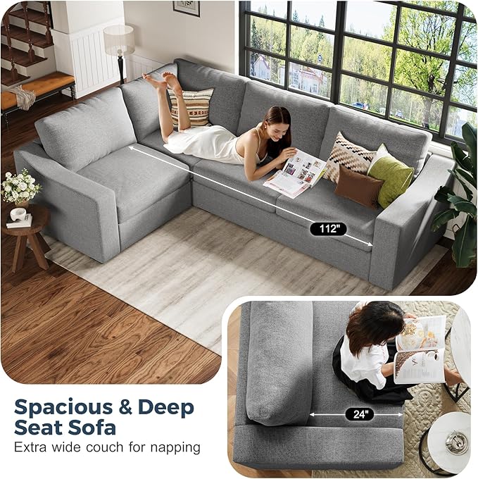 ABCASA 112" Convertible Sectional Sofa, Large L Shaped Couch with Detachable Sofa Cover, Modular Couch for Living Room, Breathable Linen Fabric Corner Sofa for Apartment, Grey