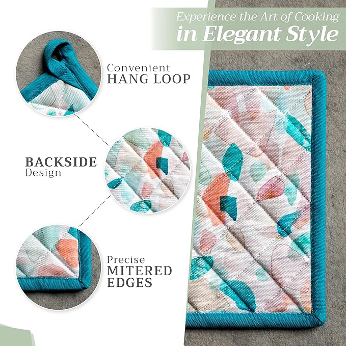 Maison d' Hermine 100% Cotton Oven Mitt & Pot Holder Set (7.5"x13" & 8"x8") Heat Resistant BBQ Cooking Gloves with Loop, Baking, Grilling, Kitchen, Handling Hot Pans Spring/Summer (Summer Picnic)