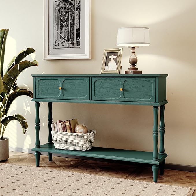 ARTPOWER Mid-Century Console Table for Entryway with 2 Drawers, Green Retro Entryway Table with Storage Cabinets and Open Shelf, Narrow Long Couch Table Behind Sofa for Living Room, Foyer, Hallway