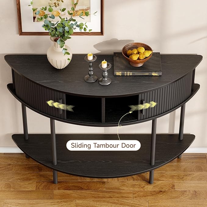 ONBRILL Half Moon Fluted Console Table, Entryway Table with Storage, Mid-Century Modern Sofa Tables, Behind Couch Tables, for Entryway, Hallway, Living Room, Small Spaces, Black