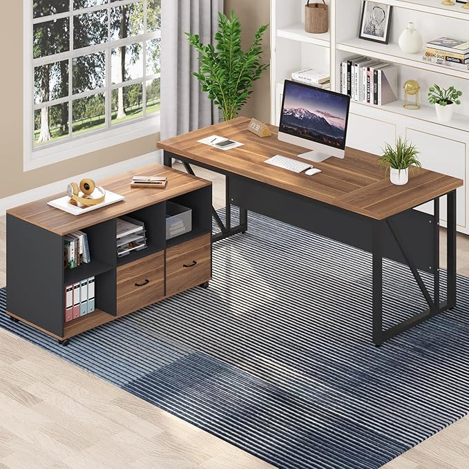 Tribesigns 63 inches Executive Desk and 47" lateral File Cabinet, L-Shaped Computer Desk Home Office Business Furniture with Drawers and Storage Shelves, Office Table,Brown and Black