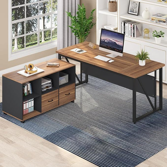 Tribesigns 63-Inch Executive Desk with 47-Inch Mobile File Cabinet, Large Home Office Desk with Drawers and Storage Shelves, L-Shaped Computer Desk Workstation Business Furniture, Walnut & Gray