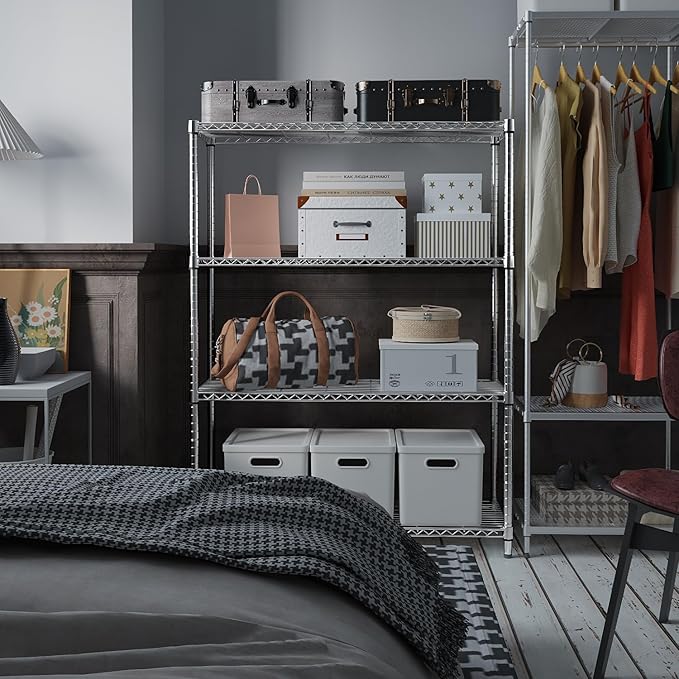 IZEUK 4-Tier Adjustable Heavy Duty Metal Wire Shelving Unit, Wide Storage Rack Organizer for Garage, Kitchen, Office, Dorm, Warehouse (Silver, 15.8" D x 45.8" W x 59.4" H, 1400 lbs Capacity)