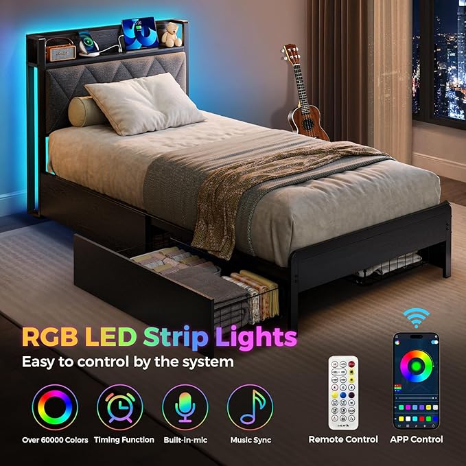 Bed Frame Twin Size with Charging Station and LED Lights, Upholstered Storage Headboard with 4 Drawers, Heavy Duty Metal Slats, Noise Free, Easy Assembly, No Box Spring Needed