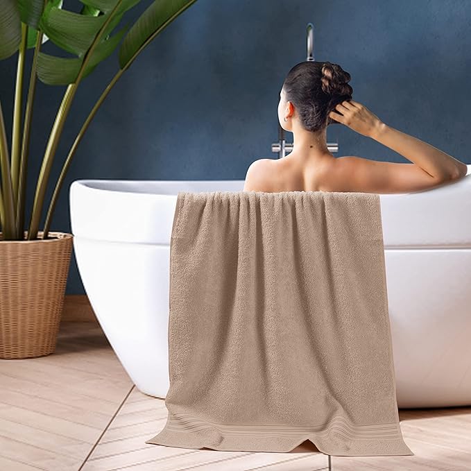 BOUTIQUO 100% Cotton 2 Pack Bath Towel Set 28x55 inches, Eco-Friendly Large Bath Towels, Compact Quickdry Lightweight Soft & Highly Absorbent Bath Towel, Ideal for Everyday Gym Travel Camp Pool - Tan