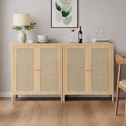 2 PCS Rattan Sideboard Buffet Cabinet 2 Door Boho Kitchen Storage Cabinet Accent Console for Living Room, Hallway, Kitchen, Sideboard, Buffet Table Natural Oak