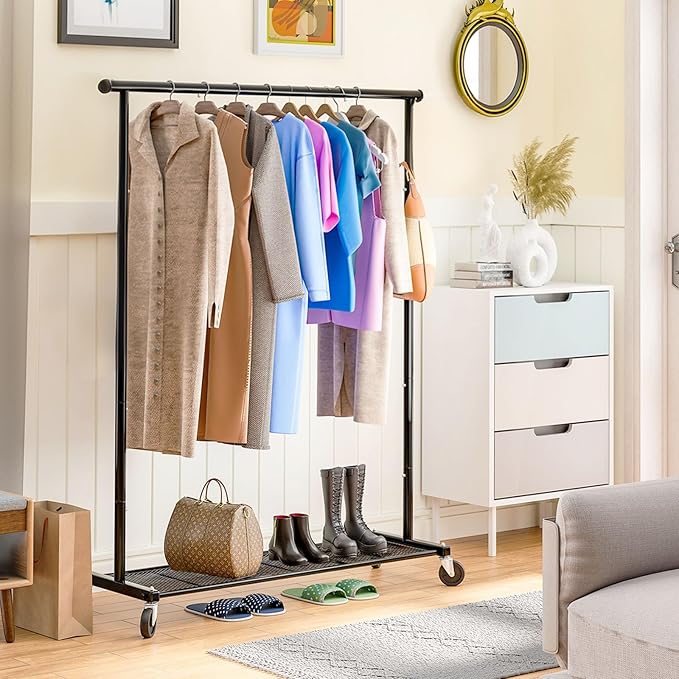 Clothes Rack with Wheels, Clothing Rack for Hanging Clothes, Rolling Garment Rack Sturdy Coat Rack Portable Wardrobe Rack Metal Closet Rack for Bedroom, Laundry Living Room, Black