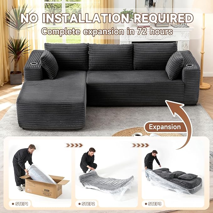 106" Cloud Couch Corduroy Modular Sectional Sofa L-Shape Boneless Couch with Wide Armrests and Cup Holders for Living Room Bedroom, No Assembly Required (Grey)