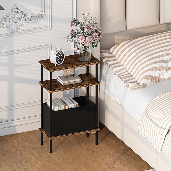 Narrow Side Table with Fabric Basket, End Table for Small Spaces, Slim Nightstand with 3-Tier Storage Shelf, Sofa Beside Table, for Living Room, Bed Room, Rustic Brown