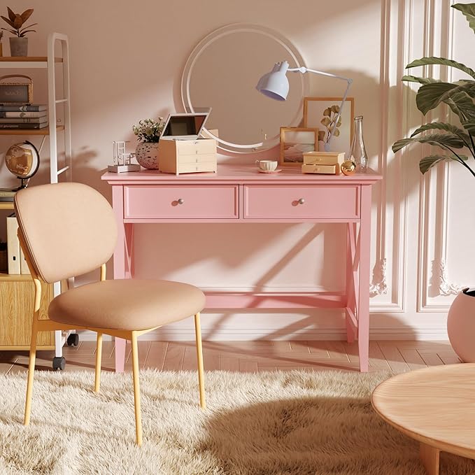 Writing Computer Desk with Drawers, Cute Modern Table for Bedrooms, Pink Vanity Table Office Desk with Drawers, Home Computer Desk for Girls Living Room Entryway, Pink