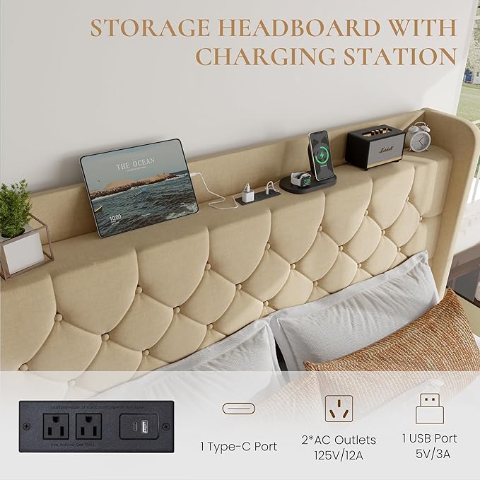SHA CERLIN Queen Size Platform Bed Frame with Charging Station, Velvet Wingback Headboard with Storage Shelf, Wooden Slats Support, Ample Under-Bed Space, No Box Spring Needed, Easy Assembly, Beige