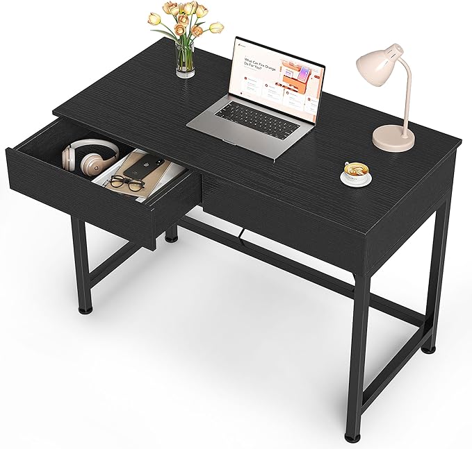 Mexin Small Black Desk with 2 Wooden Drawers, 40 Inch Home Office Writing Desk, Black Vanity Desk with Storage, Computer Desk for Bedroom Small Spaces, Table for Office, Work, Kids Study, Makeup