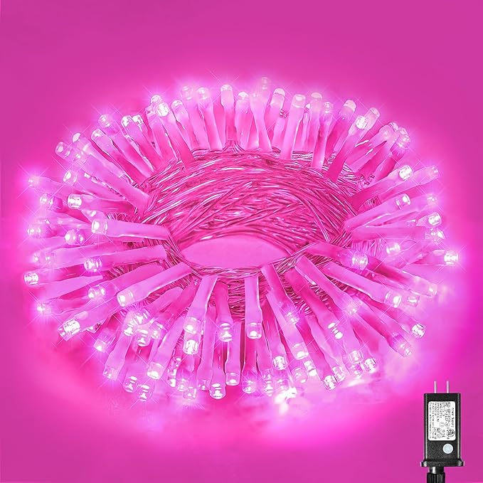 100 LED Pink String Lights, 33ft Pink Christmas Lights Outdoor 8 Modes Clear Wire, Plug in Waterproof Twinkle Fairy Lights for Bedroom Indoor Wedding Christmas Decorations