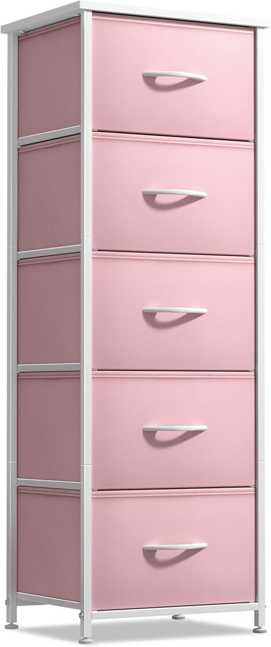 Sorbus Fabric Dresser for Kids Bedroom - Chest of 5 Drawers, Tall Storage Tower, Clothing Organizer, for Closet, for Playroom, for Nursery, Steel Frame, Fabric Bins - Wood Handle (Pink)