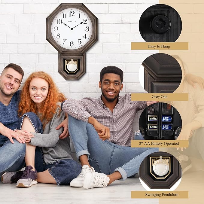 CLXEAST Pendulum Wall Clock, Large Schoolhouse Regulator Pendulum Wall Clocks for Living Room Decor,Dark Grey Oak Finished Plastic,House Warming Gifts New Home,12" W x 17.5" H
