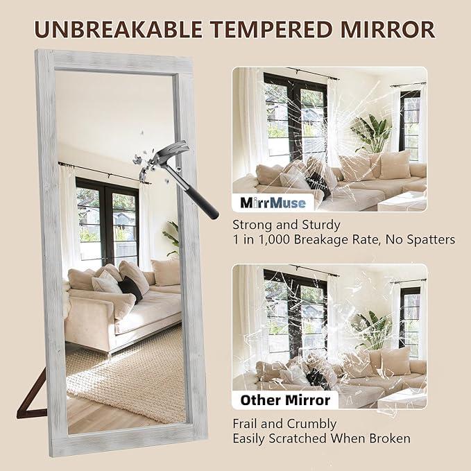 Rustic Farmhouse Full Length Mirror with Stand 71"X32" Large Wood Frame Floor Mirror, Leaning or Wall-Mounted Free Standing Mirror Tempered Glass for Bedroom Living Room, White