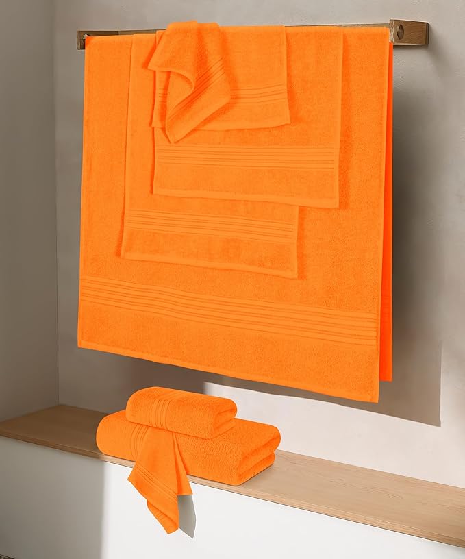 BOUTIQUO 100% Cotton Towel Set, Contains 4 Soft Bath Towel, 6 Hand Towels, 8 Wash Cloths - Compact Absorbent Lightweight & Quickdry Towels for Bathroom - 18 Piece Bathroom Towel Set - Orange