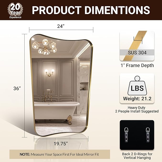 ANDY STAR Gold Mirror, 24x36 Irregular Wall Mirror, Gold Antique Bathroom Vanity Mirror, Brass Mirrors for Wall, Asymmetrical Mirror in Rust-Proof Stainless Steel Metal Frame, Wall Mount Vertically