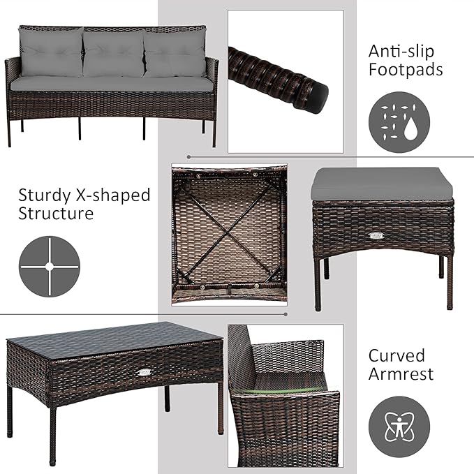 Tangkula 3 Pieces Patio Conversation Set, All Weather Outdoor PE Rattan Wicker Furniture Set with Padded Cushions, Tempered Glass Coffee Table, for Poolside, Backyard, Garden (Gray)