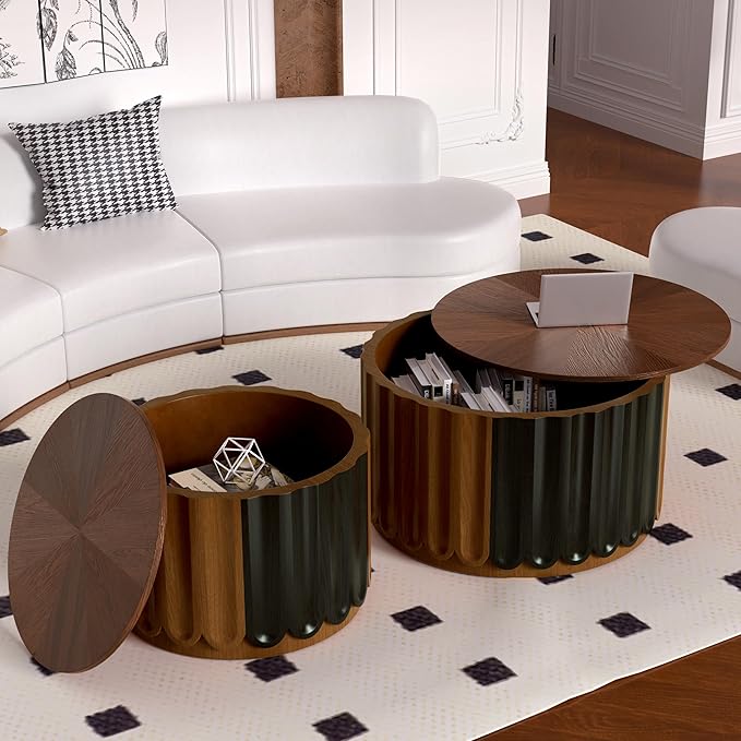 Modern Round Storage Side Tables Set, Dark Walnut and Black Finish, Fluted Wood Design, Hidden Storage, Nesting Coffee Tables for Living Room