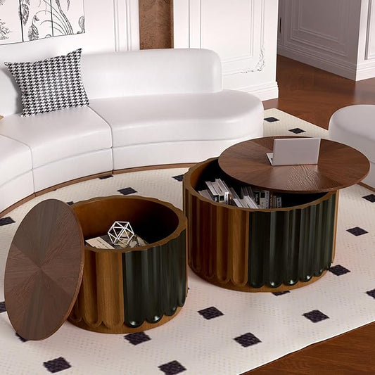 Modern Round Storage Side Tables Set, Dark Walnut and Black Finish, Fluted Wood Design, Hidden Storage, Nesting Coffee Tables for Living Room