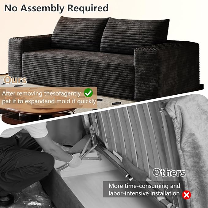 Cloud Loveseat Sofa, Modern Corduroy 2-Seater Couch with Deep Seat, No Assembly Required Memory Foam Sofa, Boneless Sofa in a Box for Bedroom, Apartment, Office,Small Space (Black,63in)