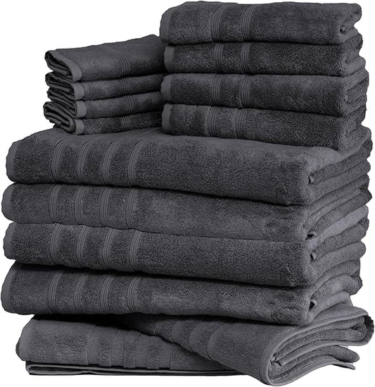 Mosobam Luxury Turkish 14pc XL Deluxe Bath Bundle Body Hand Face Towel and Mat Charcoal Gray (Dark Grey) 700 GSM & 1000 GSM Bamboo Viscose & Aegean Turkish Combed Cotton