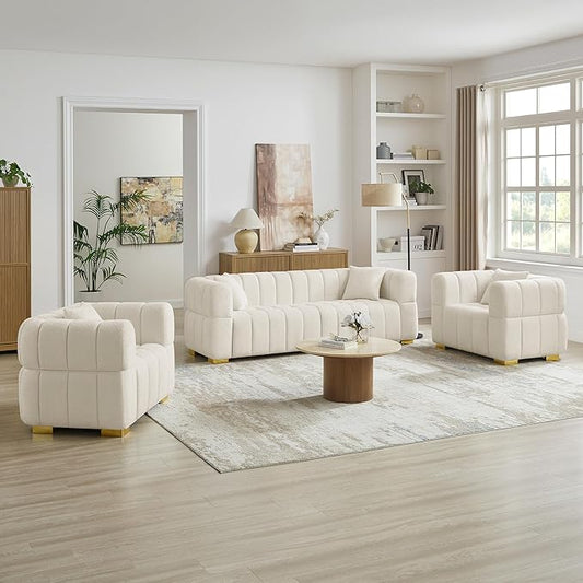 VANOMi Sofa and Chair Set, Modern Deep Seat Couch & Boucle Sofa Chairs, Oversized Upholstered Couch Sets for Living Room, Apartment, Office, Bedroom, White (3 Pieces)