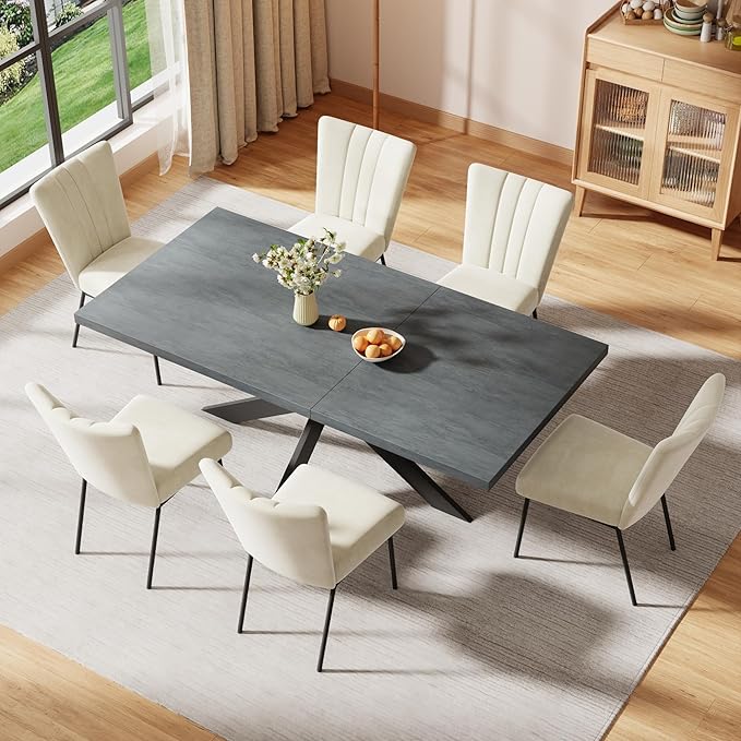 ZckyCine Dining Table Set for 6, Modern 78'' Dark Wood Dining Table and Fabric Dining Chairs Set of 6,Table and Chairs Set of 6,Ideal for Kitchen Dining Room