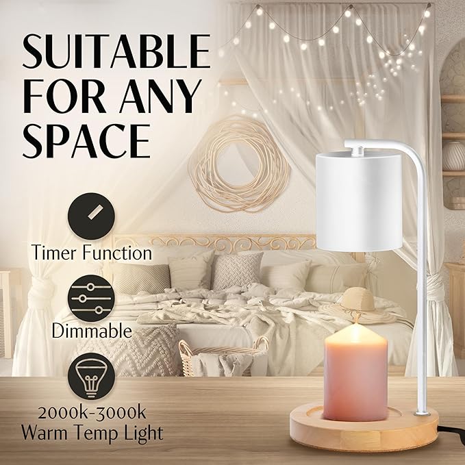 Candle Warmer Lamp with Timer and Dimmer & Includes 2 Bulbs, Electric Wax Candle Lamp Warmer for Jar Candles, Home Decor Aesthetic, and House Warming Gifts - White Wood