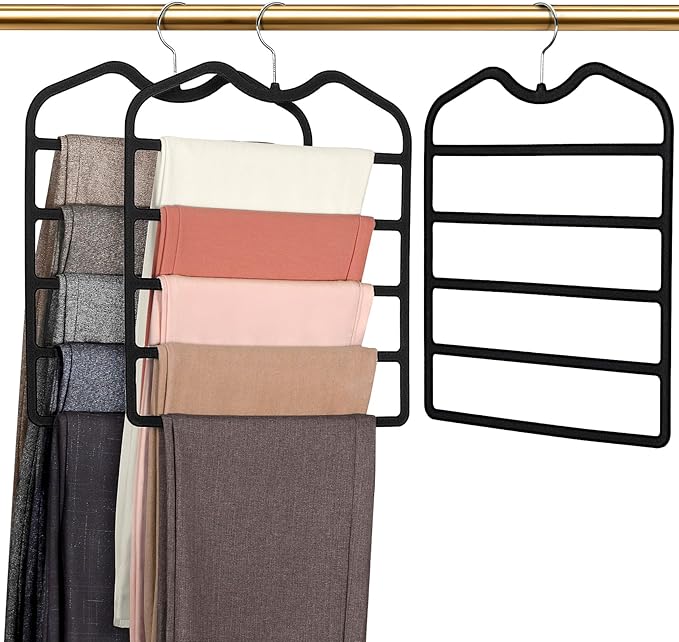 Pants Hangers Space Saving,3 Pack Velvet Short Neck Pants Hangers,5 Tier Space Saving Velvet Hanger,Closet Organizers and Storage Dorm Room Essentials for College Students Girls Guys Holds Pant,Jean