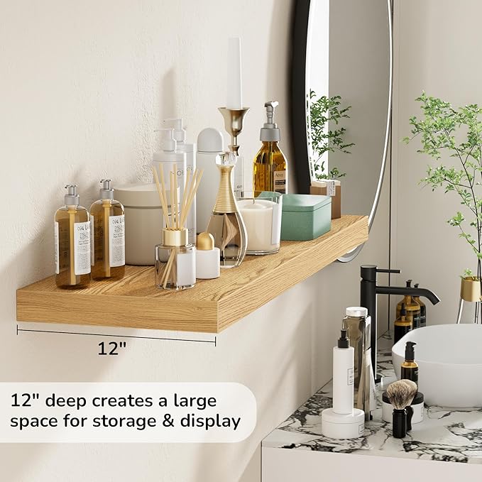 Fun Memories Floating Shelves - 2 Pack 12 Inch Deep Rustic Wooden Wall Shelves - Extra Deeper & Thicker Wall Mounted Storage Shelf for Living Room, Kitchen, Farmhouse - 36" W x 12" D x 1.5" H - Oak