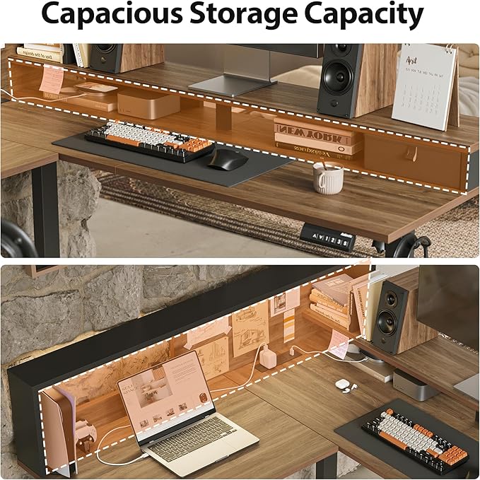 Agilestic L-Shaped Electric Standing Desk, 63x55 Inch Ergonomic Adjustable Height Desk with Storage, Stand Up Corner Desk Sit Stand Computer Table Power Outlet & LED Lights, Office Table, Dark Walnut