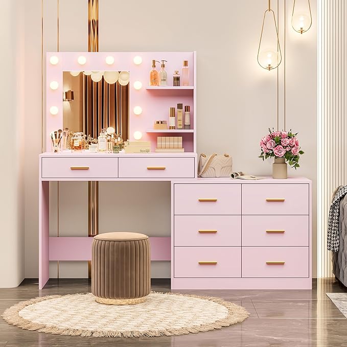 61" Vanity Desk with Mirror & Lights, White Makeup Dressing Table with 8 Drawers & 2 Shelves, 3 Lighting Modes with Adjustable Brightness for Bedroom, Pink