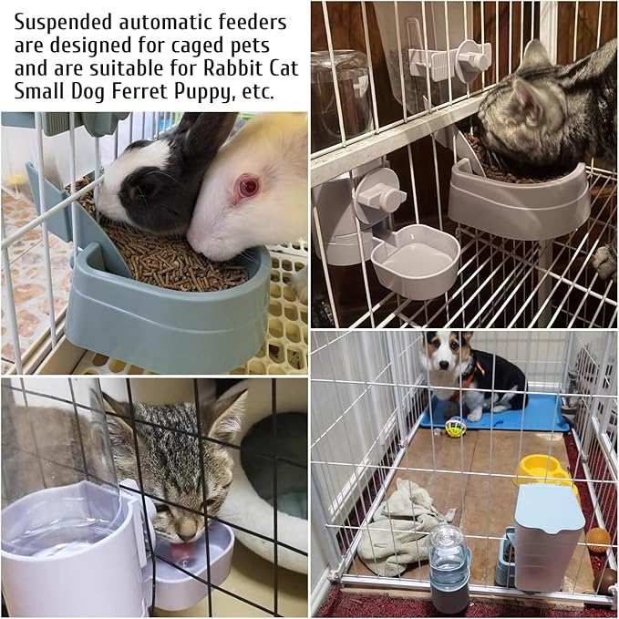kathson Rabbit Food Water Dispenser Pet Cage Automatic Feeder 2L Food Dispenser 17oz Waterer Small Animal Hanging Bottle Bowl Set for Rabbit Cat Small Dog Ferret Puppy