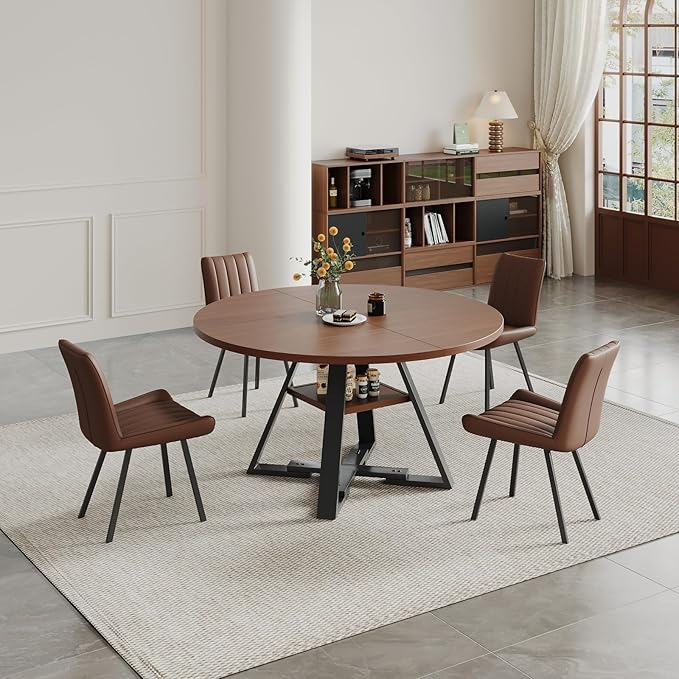 Walnut Round Dining Table Set for 4, Mid-Century Modern Kitchen Table and Chairs, Small Space Dining Room Furniture for Apartment, Breakfast Nook or Studio (Boxwood-Storage Table+4 Brown Chairs)