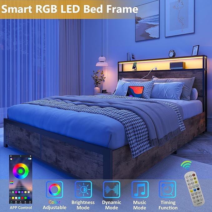 Lifezone Full Bed Frame with 2-Tier Storage Headboard, Metal Platform Bed Frame with 4 Storage Drawers, Built in Charging Station & LED, Noise-Free/Metal Support/No Box Spring Needed, Vintage Brown