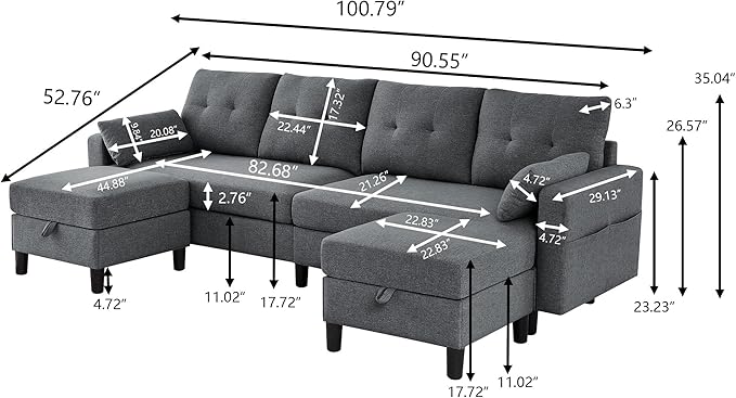 101" Convertible Sectional Sofa, Modern Linen Fabric U-Shaped Couch with 2 Storage Ottomans and Storage Pocket, 4 Seat Sofa Couches for Living Room, Apartment, Office, Darkgrey