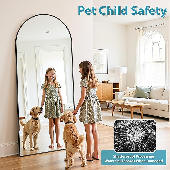 Full Length Mirror, 81"x41" Oversized Floor Mirror Freestanding, Full Body Mirror Floor Standing Mirrors with Stand, Hanging Mounted Mirrors for Bedroom Living Room, Black, Arched Style