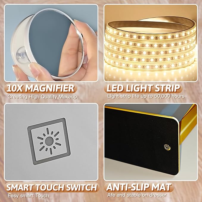 FENNIO Vanity Mirror with Lights, 12" x 16" Lighted Makeup Mirror with Smart Touch Control, 3 Color Modes & Brightness Adjustable, LED Makeup Mirror with 10X Magnification, Square Gold