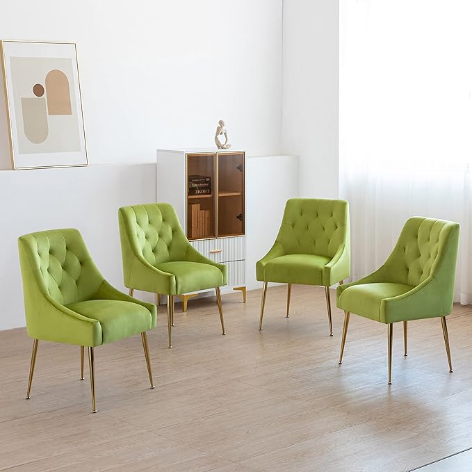 Modern Dining Chair Set of 2, Mid-Century Room Chair, Upholstered Comfortable Velvet with Back Pull Rod and Metal Legs for Kitchen, Living (Yellow-Green), (DYXSD)