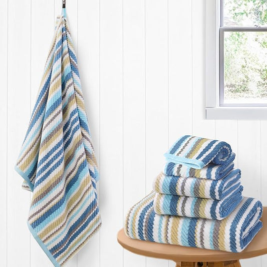 Striped Towels Set, 6PC Bathroom Towels - 100% Cotton | Quick Dry | Soft | Absorbent, 2 Bath 28"x52", 2 Hand 16"x27", 2 Face 13"x13", Luxury Bath Towels with Hanging loops, Blue+Gray+Beige Stripe