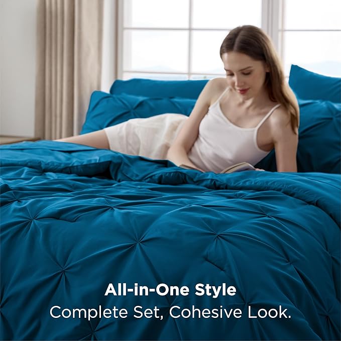 Bedsure Full Comforter Set Teal - Bed in a Bag Full Size Bedding Set 7 Pieces, GentleSoft™ Pintuck Bed Set Gift for Family, Pinch Pleat All Season Comforter with Sheets, Pillowcases & Shams