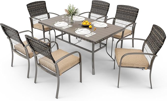 Pamapic 8504 Patio Dining 7 Piece, Outdoor Wicker Furniture Set for Backyard Garden Deck Poolside/Iron Slats Table Top, Removable Cushions, 7 Pack, Beige