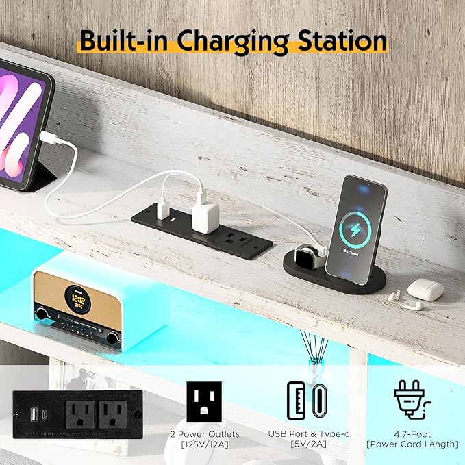 King Farmhouse Bed Frame with Bookcase Headboard and 4 Drawers, LED Storage Bed with Charging Station & Linen Upholstered, No Box Spring Needed, Distressed White