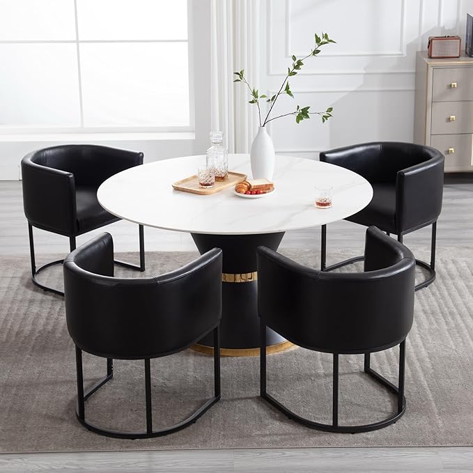 Faux Leather Dining Chairs Set of 2 Modern Barrel Arm Chairs with Black Metal Frame, Upholstered Kitchen Chairs 18.5" Wide Accent Chair for Living Room Dining Room Restaurant, Black