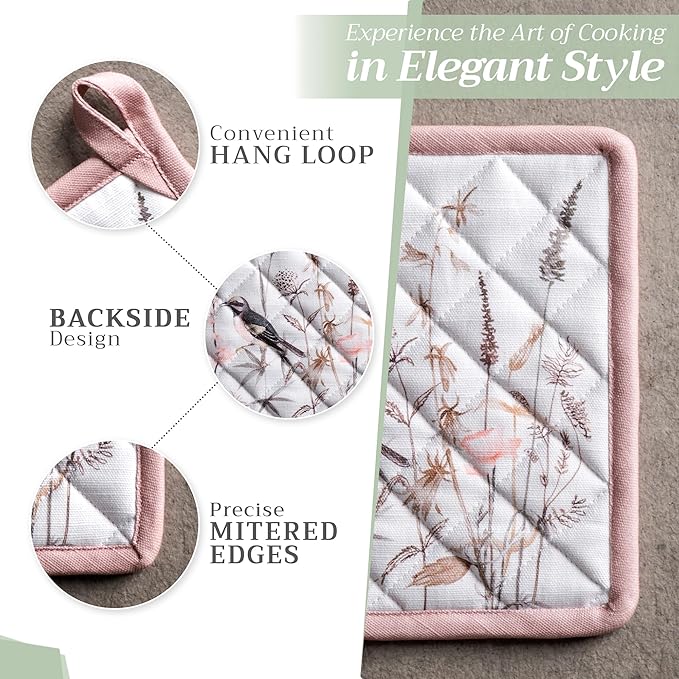 Maison d' Hermine Pot Holders 100% Cotton Heat Resistant Potholders 8" x 8" Hot Pads with Loop BBQ, Cooking, Grilling, Kitchen, Handling Hot Pans Spring/Summer (Pack of 1, Meadow Florals - Brown)