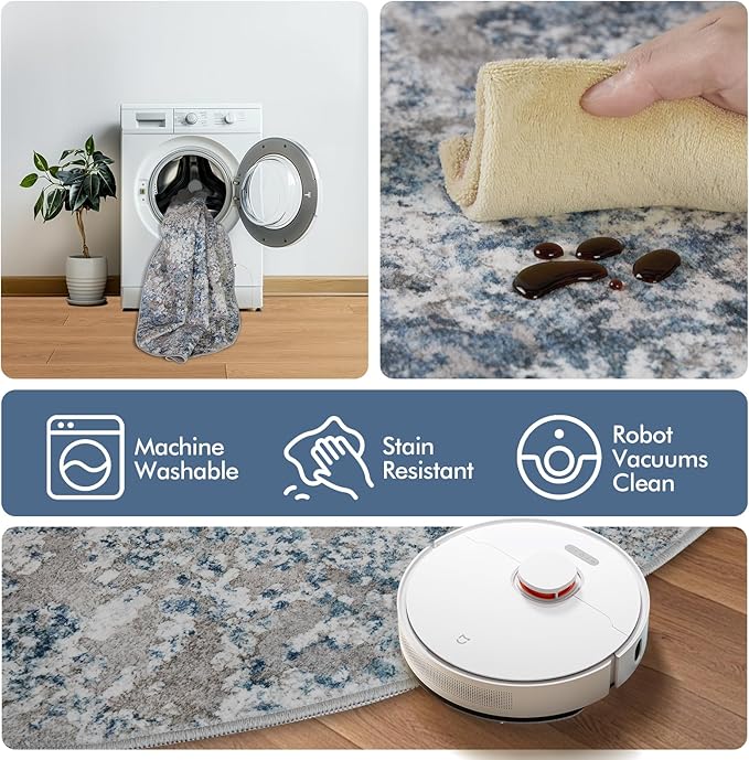 5ft Round Area Rug for Living Room- 5x5 Washable Neutral Abstract Rug for Bedroom Modern Soft Dining Room Rug No Slip Low Pile Carpet for Nursery Home Office Decor - Grey/Blue