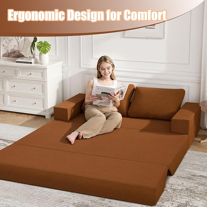 COMAX Convertible Sofa Bed Queen, Corduroy Folding Floor Couch Pull Out Couch Bed Futon Sleeper with Pillows, Fold Out Boneless Sofa Comfy Lounge Mattress Loveseat for Living Room Bedroom, Orange